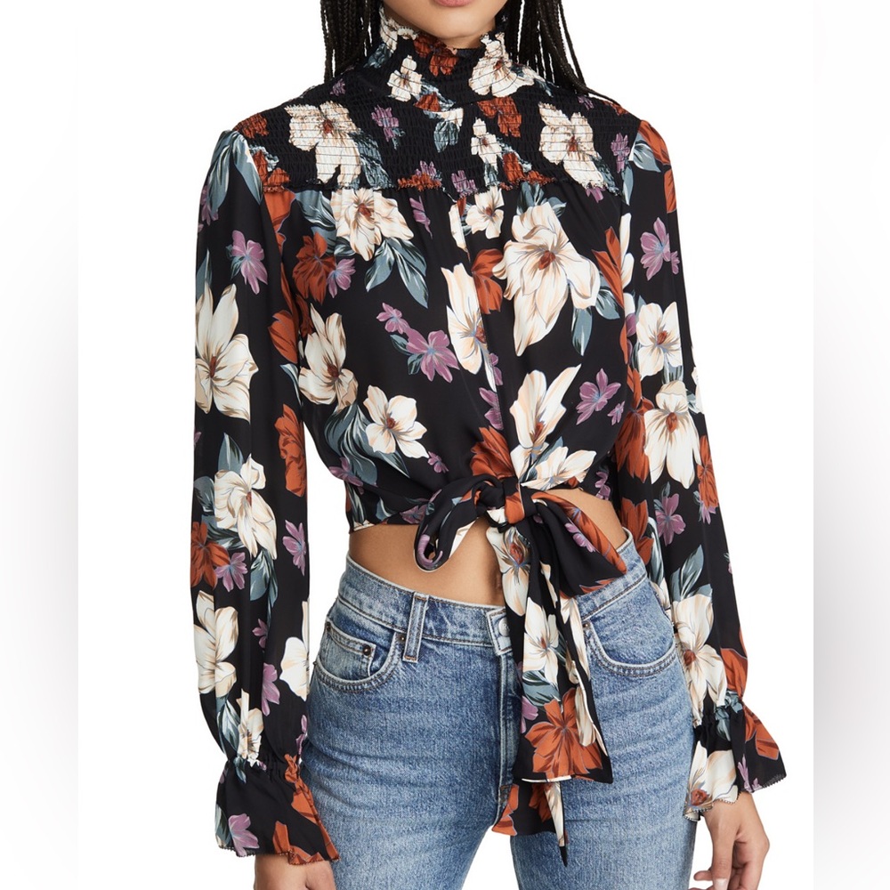 NICHOLAS Black Floral Smocked Tie-Front Blouse